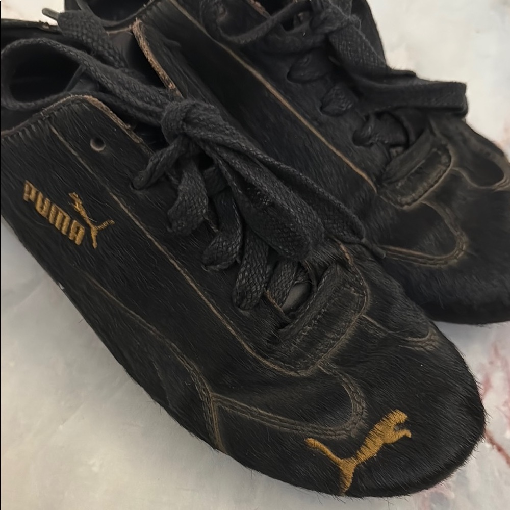 Puma pony hair Black and Gold leather Sneakers size 6.5